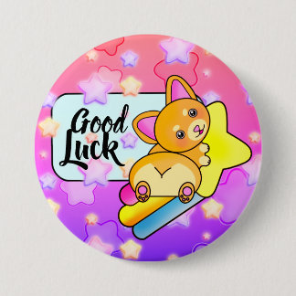 Macaron Rond 7,6 Cm Bonne chance Corgi sur Cosmic Star Rainbow