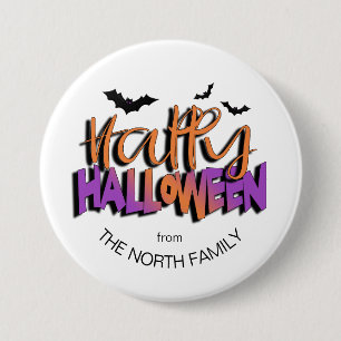 Macaron Rond 7,6 Cm Bonne typographie d'Halloween avec Bats Orange ID6