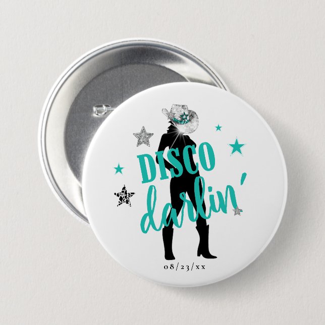 Macaron Rond 7,6 Cm Boots 'n Bling Disco Darlin' Teal ID925  (Devant & derrière)
