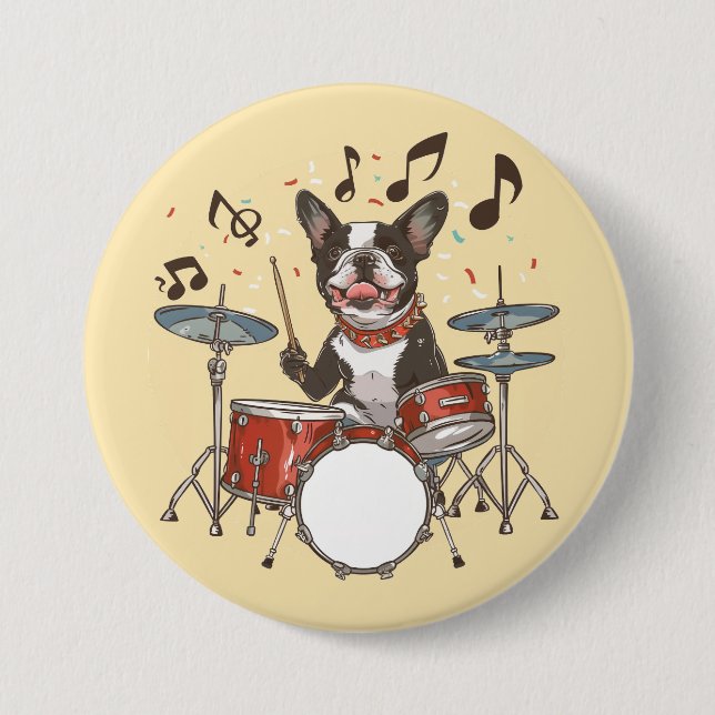 Macaron Rond 7,6 Cm Boston Terrier Dog Playing Drums (Devant)