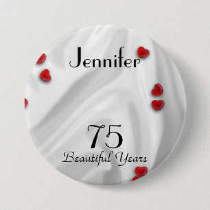 Macaron Rond 7,6 Cm Bouton 75e anniversaire / Épingle, Petits Coeurs