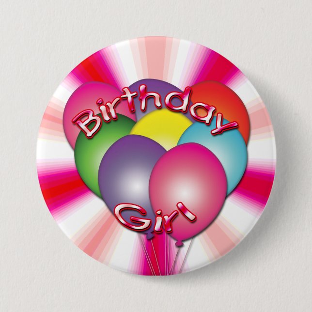 Macaron Rond 7,6 Cm Bouton Balloons Fille Anniversaire (Devant)