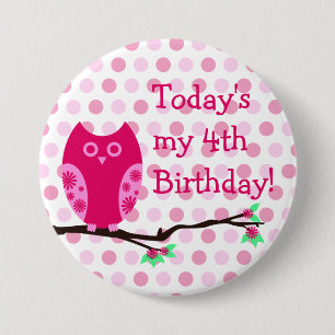 Macaron Rond 7,6 Cm Bouton de 4e anniversaire de la Chouette rose