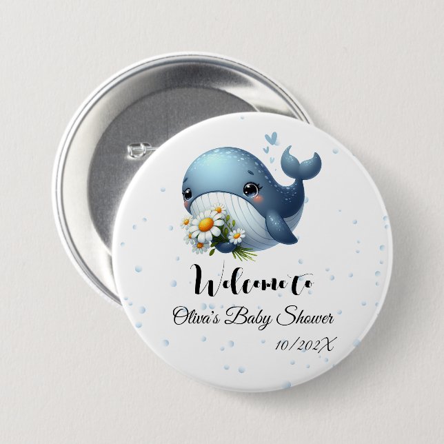 Macaron Rond 7,6 Cm Bouton de Baby Shower Baleine Bébé Mignon (Devant & derrière)