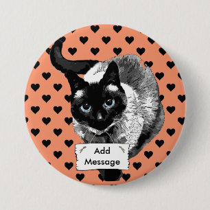 Macaron Rond 7,6 Cm Bouton de chat siamois orange et noir Message vier