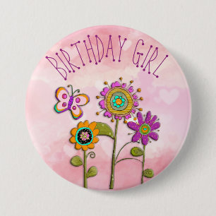 Macaron Rond 7,6 Cm Bouton de fille d'anniversaire floral fantaisiste