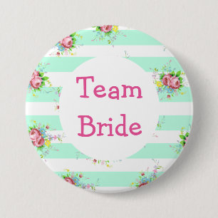Macaron Rond 7,6 Cm Bouton de mariage "Team Bride" Vert Menthe Floral 