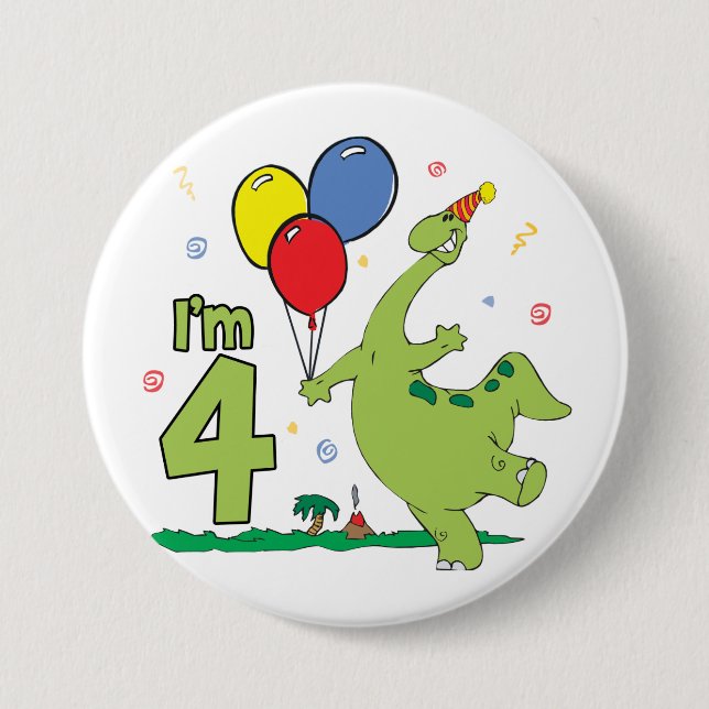 Macaron Rond 7,6 Cm Bouton Dino 4th Birthday (Devant)