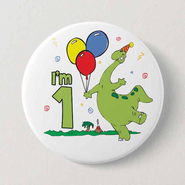 Macaron Rond 7,6 Cm Bouton Dino Premier anniversaire (Devant)