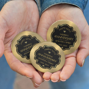 Macaron Rond 7,6 Cm Bouton Gold & Black 50th Gold Mariage Anniversaire