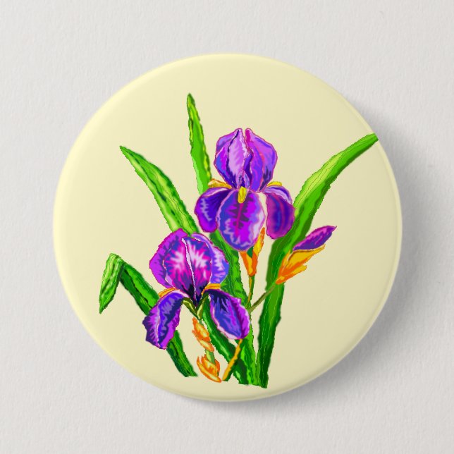 Macaron Rond 7,6 Cm Bouton Iris Fleurs Irises - Votre Couleur - Texte (Devant)