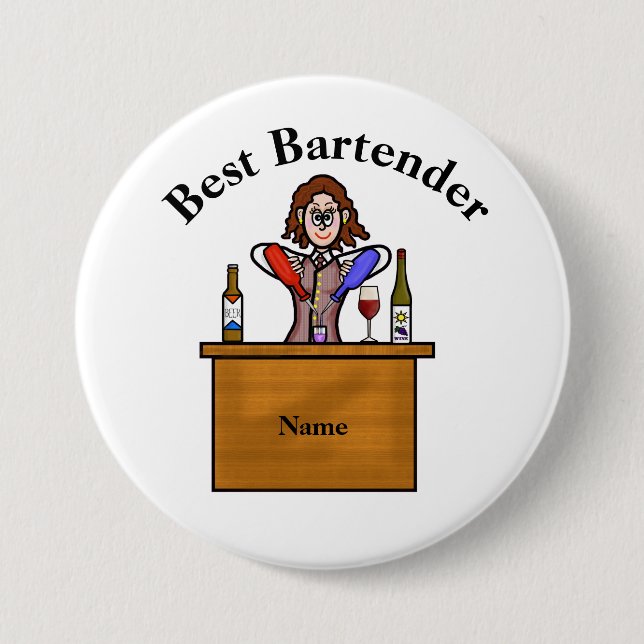 Macaron Rond 7,6 Cm Bouton meilleur barman - barman féminin (Devant)