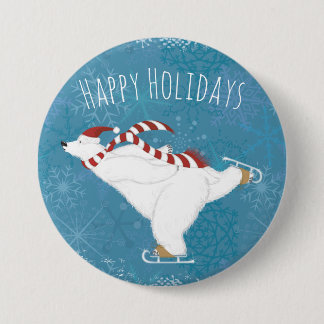 Macaron Rond 7,6 Cm Bouton Ours polaire de patinage sur glace d'hiver