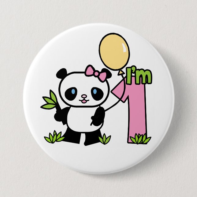 Macaron Rond 7,6 Cm Bouton Panda Girl First Birthday (Devant)