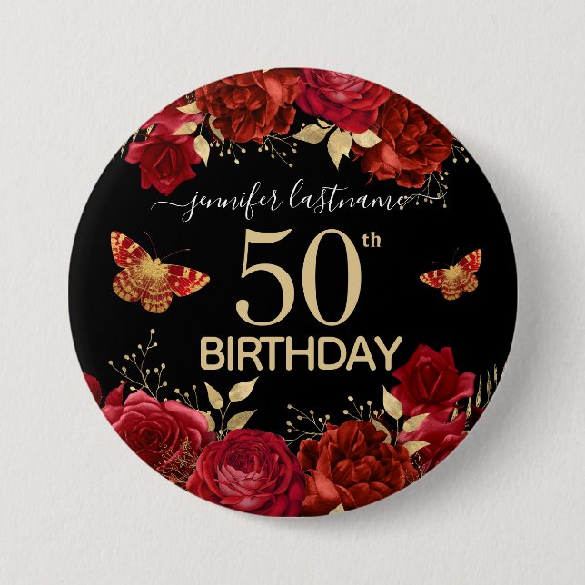 Macaron Rond 7,6 Cm Bouton papillon floral pour la fête du 50e anniver (Devant)
