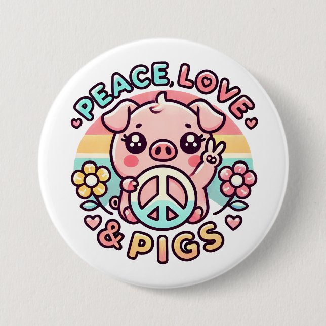 Macaron Rond 7,6 Cm Bouton Peace Love & Pigs (Devant)