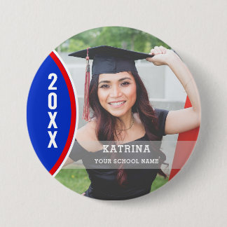 Macaron Rond 7,6 Cm Bouton Personnalisé Photo Graduation Rouge et Bleu