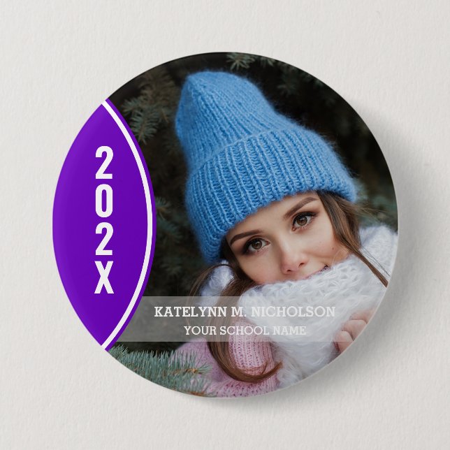 Macaron Rond 7,6 Cm Bouton photo Purple and White Graduation (Devant)