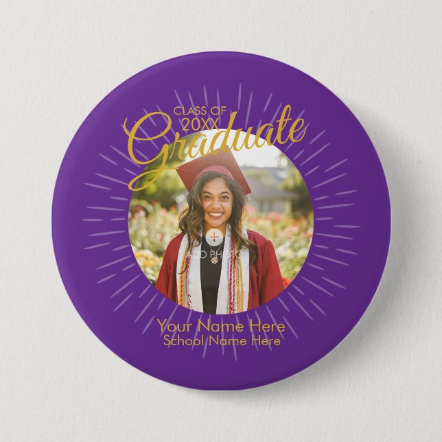 Macaron Rond 7,6 Cm Bouton Purple & Gold Star Graduate (Devant)