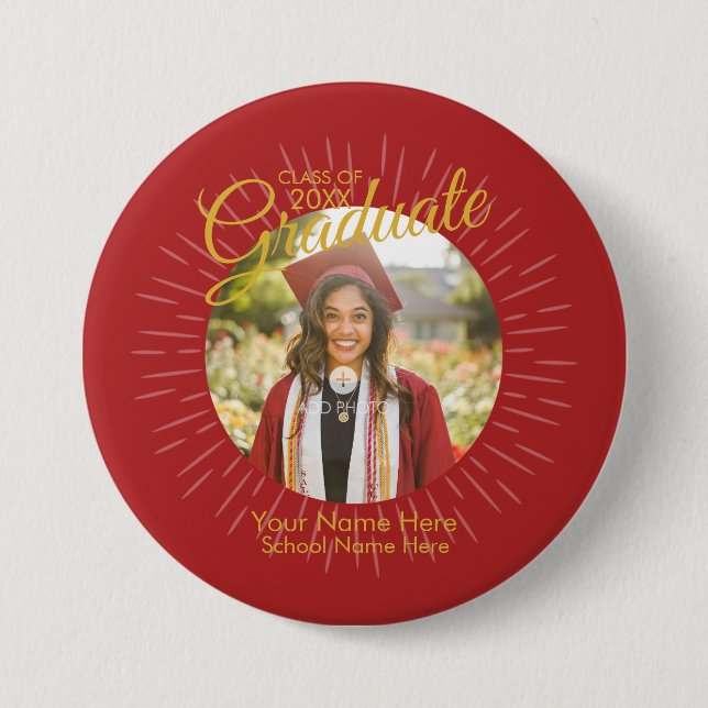 Macaron Rond 7,6 Cm Bouton Red & Gold Star Graduate (Devant)
