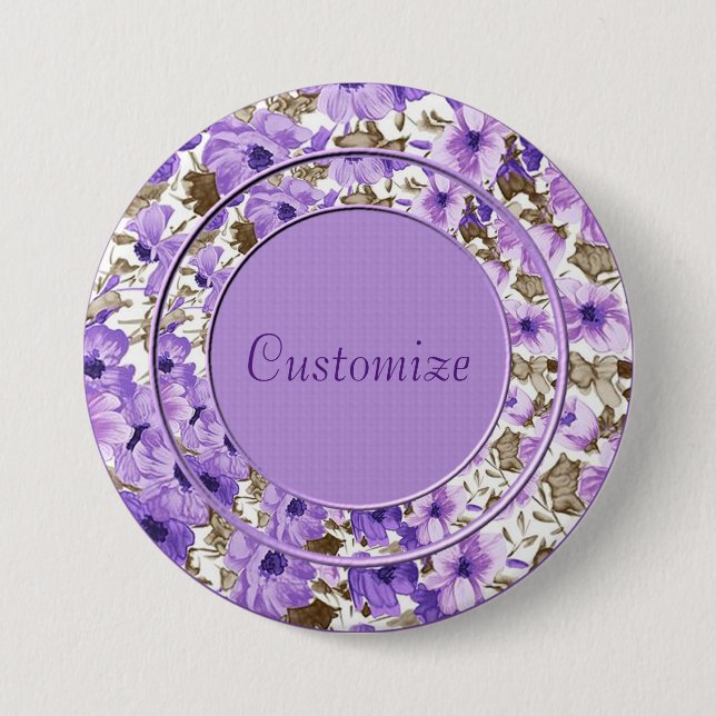 Macaron Rond 7,6 Cm Bouton rond fleuri blanc et violet personnalisé (Devant)