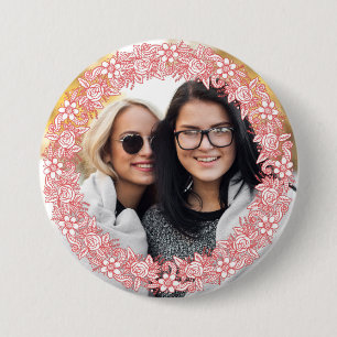 Macaron Rond 7,6 Cm Bouton VOTRE PHOTO dans un cadre de couronne de fl