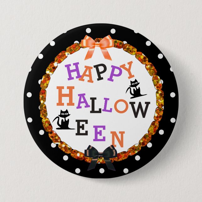Macaron Rond 7,6 Cm Boutons de chat noir Halloween heureux (Devant)