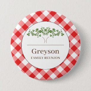 Macaron Rond 7,6 Cm Boutons de réunion famille En vichy rouge Thème