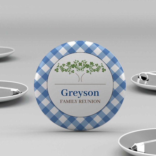 Macaron Rond 7,6 Cm Boutons de réunion famille En vichy thème bleu (personalized family reunion buttons blue gingham print with tree and custom text.)