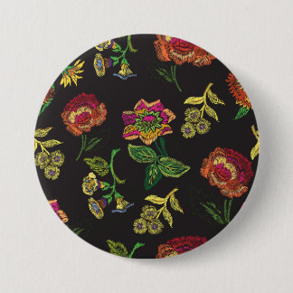 Macaron Rond 7,6 Cm broche brodée avec des fleurs sur un noir dos noir