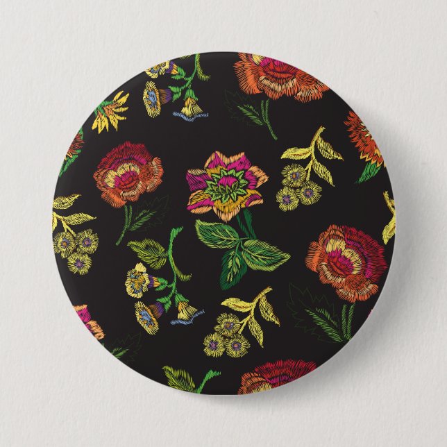 Macaron Rond 7,6 Cm broche brodée avec des fleurs sur un noir dos noir (Devant)