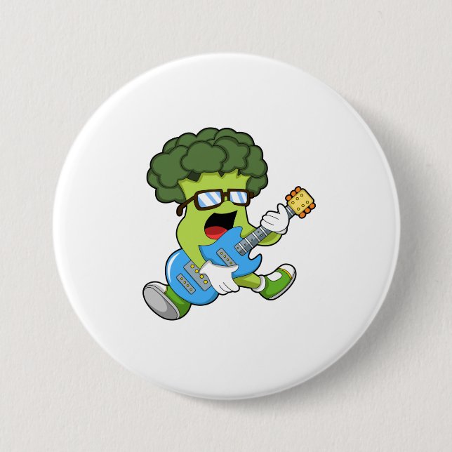 Macaron Rond 7,6 Cm Brocoli comme musicien avec guitare (Devant)