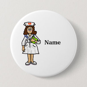 Macaron Rond 7,6 Cm Brunette Female Nurse Button Add Name !