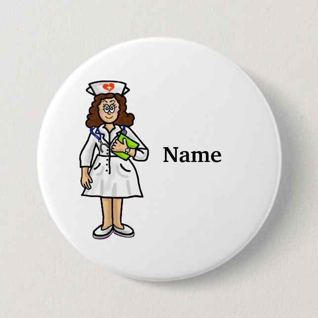 Macaron Rond 7,6 Cm Brunette Female Nurse Button Add Name ! (Devant)