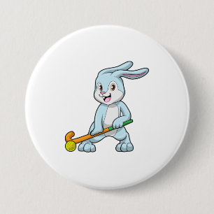 Macaron Rond 7,6 Cm Bunny au hockey sur gazon avec bâton de hockey