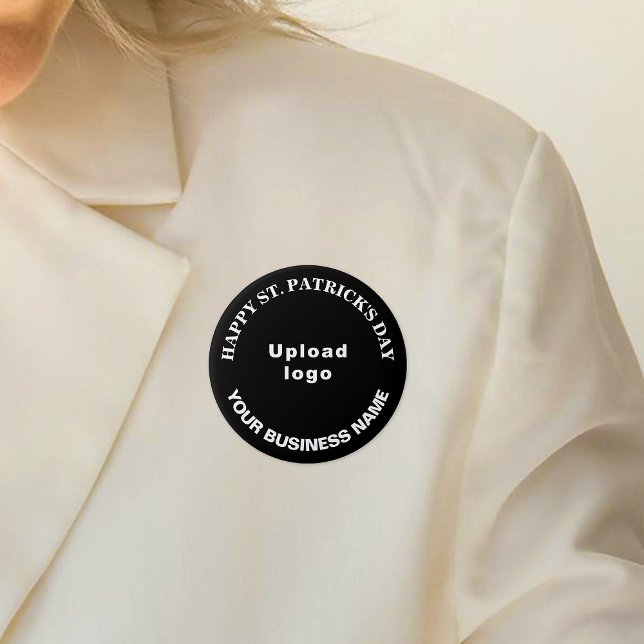 Macaron Rond 7,6 Cm Business Saint Patrick Salutation sur Black Round (Business name and logo with Happy Saint Patrick's Day greeting on black round button.)