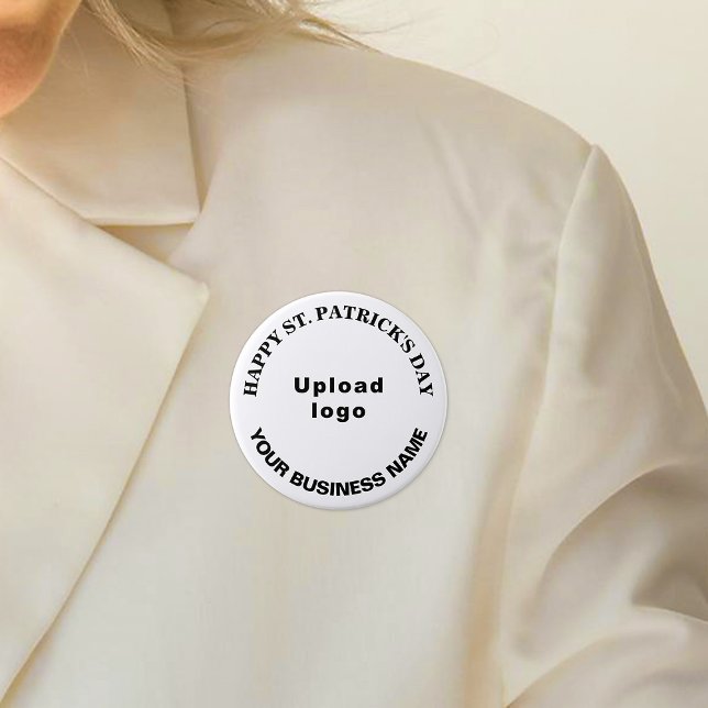 Macaron Rond 7,6 Cm Business Saint Patrick Salutation sur White Round (Business name and logo with Happy Saint Patrick's Day greeting on white round button.)