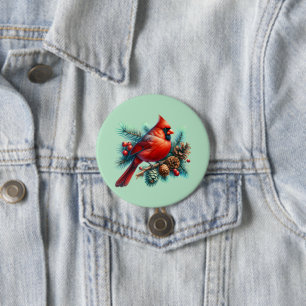 Macaron Rond 7,6 Cm Cardinal sur la branche des pins avec les baies d'