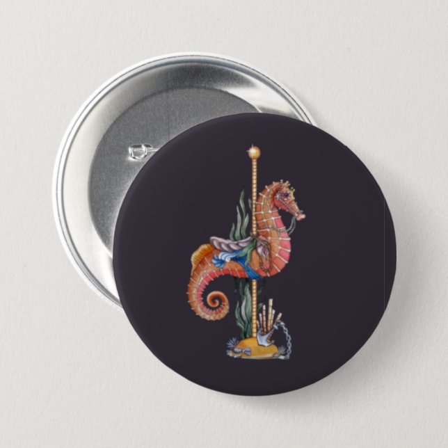 Macaron Rond 7,6 Cm Carousel Seahorse (Devant & derrière)
