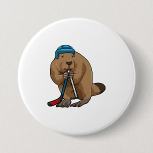 Macaron Rond 7,6 Cm Castor au hockey sur glace avec bâton de hockey su