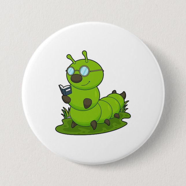 Macaron Rond 7,6 Cm Caterpillar Nerd avec lunettes et livre (Devant)
