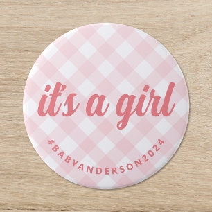 Macaron Rond 7,6 Cm C'est une fille En vichy Baby shower