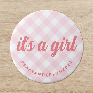 Macaron Rond 7,6 Cm C'est une fille En vichy Baby shower