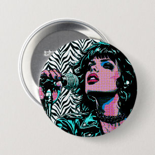 Macaron Rond 7,6 Cm Chanteur Pop Art Amateurs de Musique Rose Turquois
