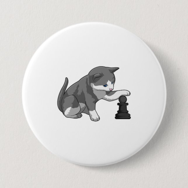 Macaron Rond 7,6 Cm Chat aux échecs avec pièce d'échecs Évêque (Devant)