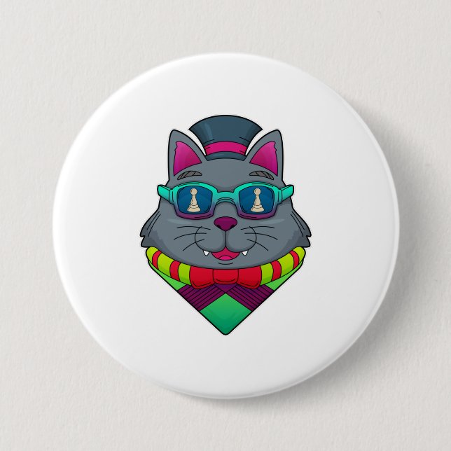 Macaron Rond 7,6 Cm Chat aux échecs avec pièce d'échecs Pawn (Devant)