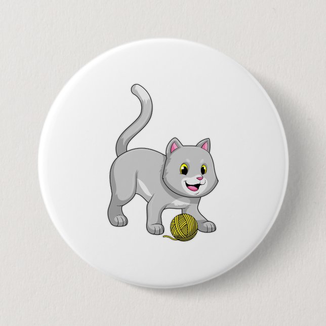 Macaron Rond 7,6 Cm Chat avec bille de laine (Devant)