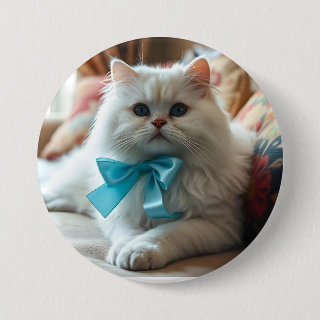 Macaron Rond 7,6 Cm Chat blanc mignon avec chou bleu (Devant)