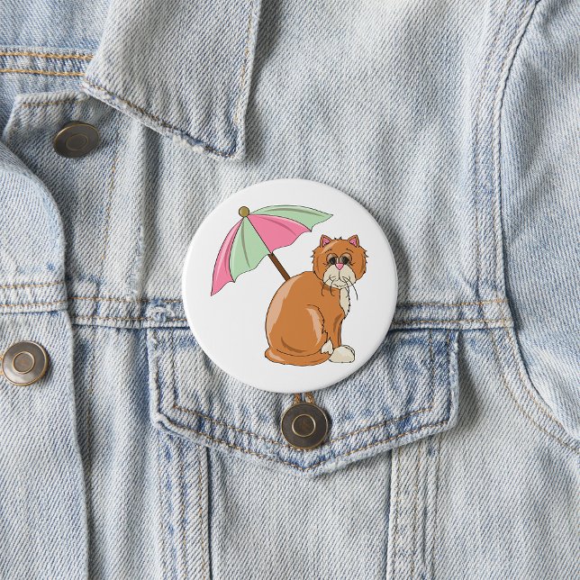 Macaron Rond 7,6 Cm Chat de plage avec parapluie rose et vert (Créateur téléchargé)