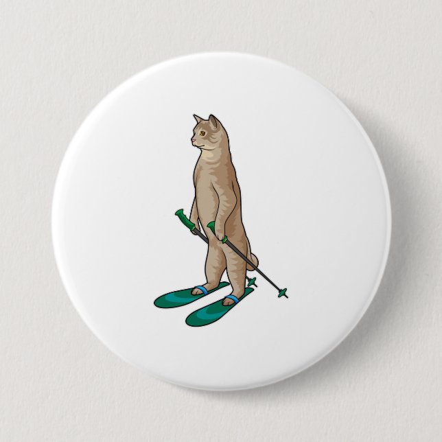 Macaron Rond 7,6 Cm Chat en Ski avec Pôles de Ski & Ski (Devant)